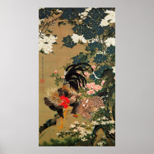 6. 紫陽花双鶏図, 若冲 Hydrangea and Rooster, Jakuchū Poster