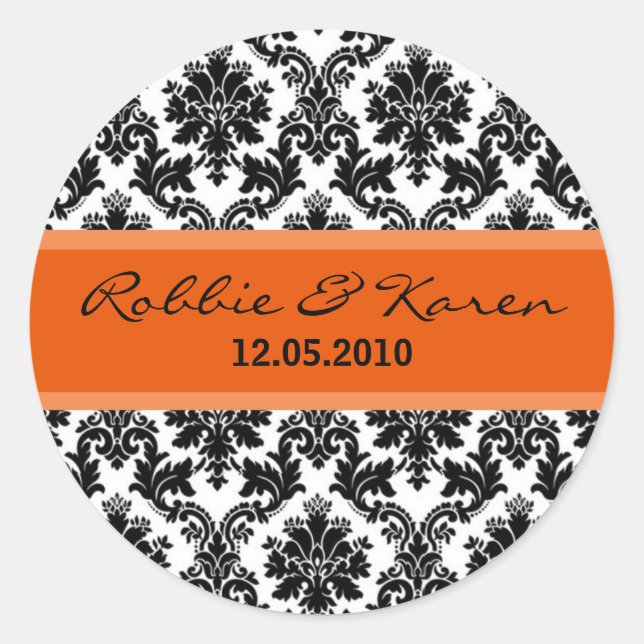 6 - 3" Black Damask & Orange Favour Stickers (Front)
