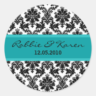 6 - 3" Black Damask Teal Turquoise Favour Stickers