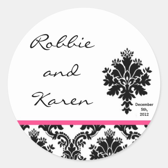 6 - 3" Favour Stickers Black Hot Pink Damask Lace (Front)