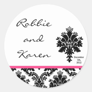 6 - 3" Favour Stickers Black Hot Pink Damask Lace