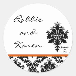 6 - 3" Favour Stickers Black Orange Damask Lace
