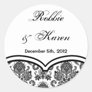 6 - 3" Favour Stickers Black White Damask Lace Pri