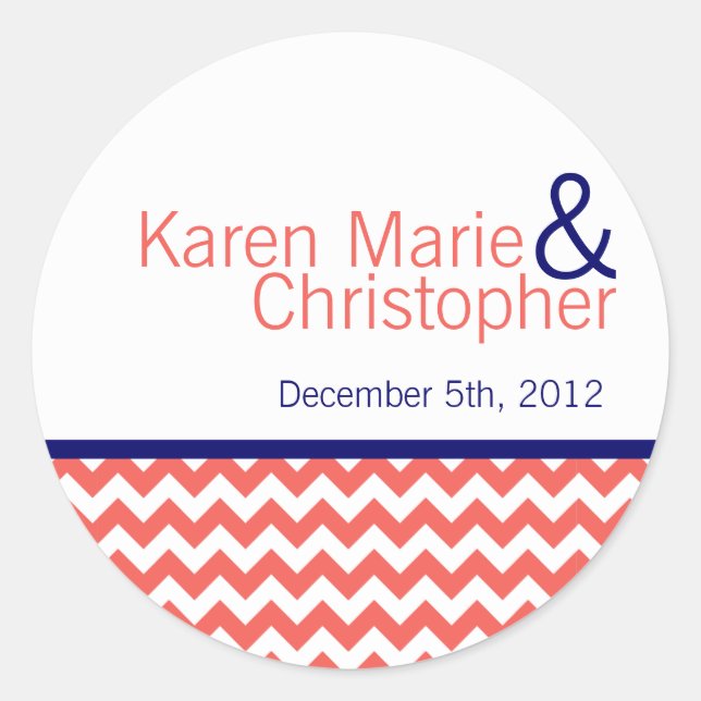 6 - 3" Favour Stickers Coral Navy Blue Chevron Nam (Front)