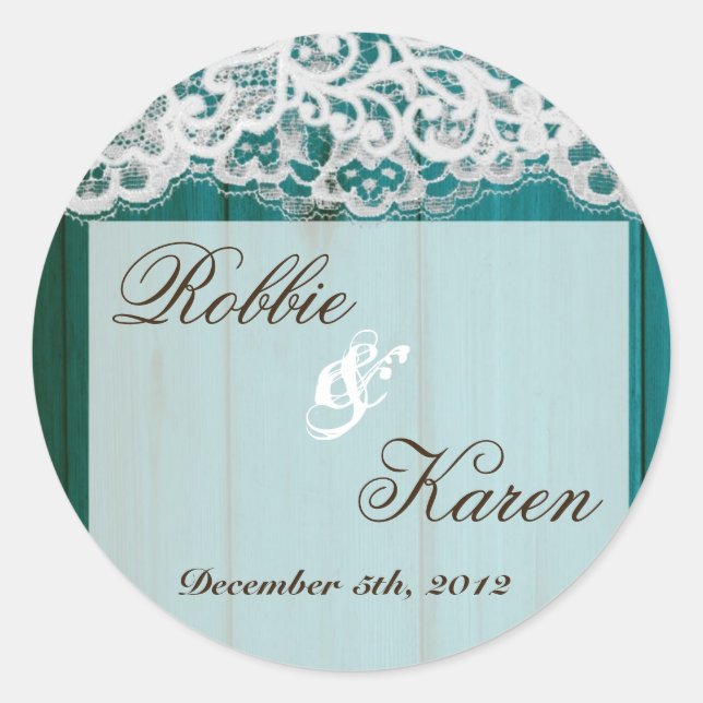 6 - 3" Favour Stickers Distrissed Teal Wood Lace (Front)
