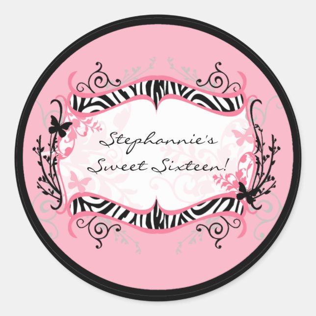 6 - 3"  Favour Stickers Girly Butterfly Zebra Prin (Front)