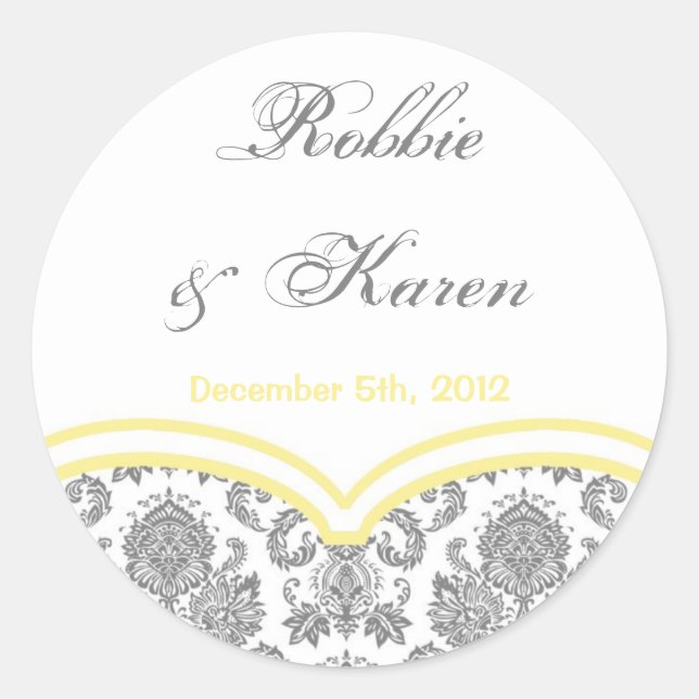 6 - 3" Favour Stickers Grey Yellow Grey Damask Lac (Front)
