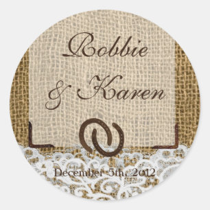 6 - 3" Favour Stickers Horse Shoes on Burlap Lace