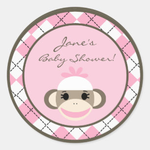 6 - 3"  Favour Stickers Pink Argyle Sock Monkey