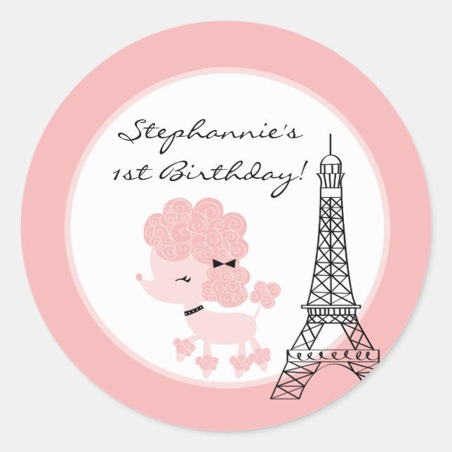 6 - 3"  Favour Stickers Pink Poodle in Paris (Front)