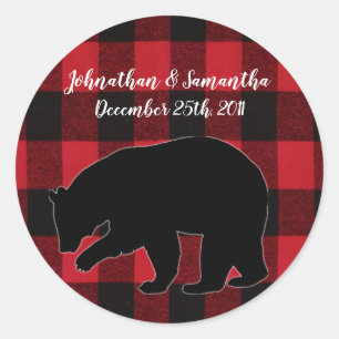 6 - 3"  Favour Stickers Red Buffalo Plaid Bear Bla