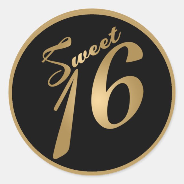 6 - 3"  Favour Stickers Sweet 16 Gold Black (Front)
