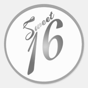 6 - 3"  Favour Stickers Sweet 16 White Silver Part