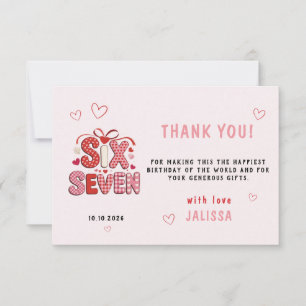 6 7 Birthday for Girls, Pink 7th Kids Party  Thank You Card