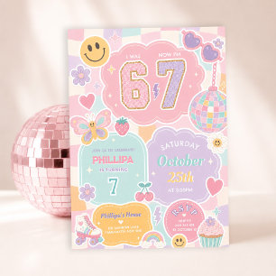 6 7 Girl Birthday: Groovy Pastel Chequered Rainbow Invitation