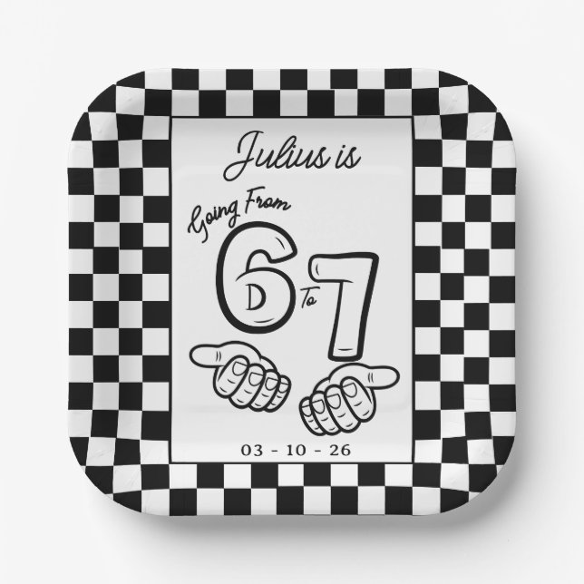 6 7 Meme Black White Checkerboard Birthday Paper Plate (Front)