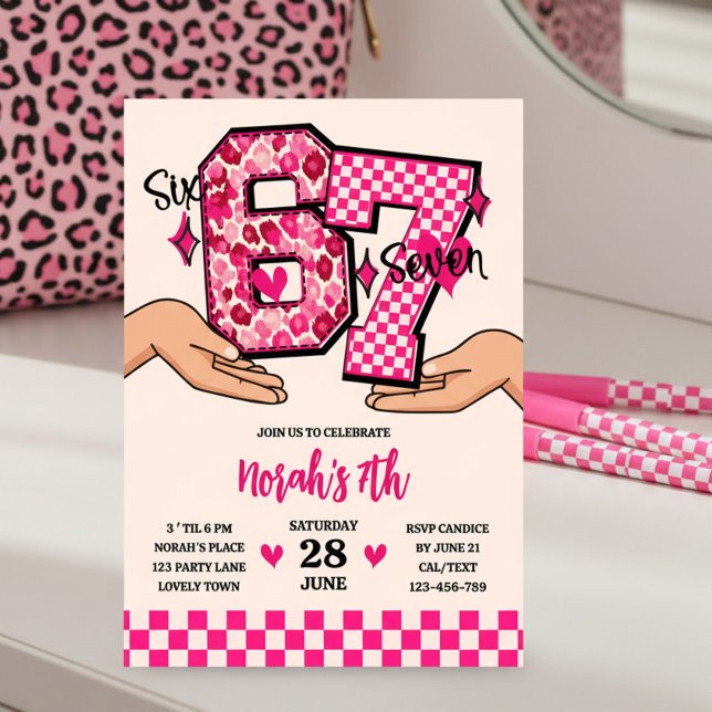 6 7 Meme Varsity Leopard Checkerboard Girl's Party Invitation (Varsity 6 7 numbers in hands meme with checkerboard and leopard print )