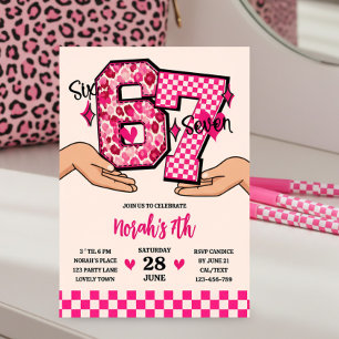 6 7 Meme Varsity Leopard Chequerboard Girl's Party Invitation
