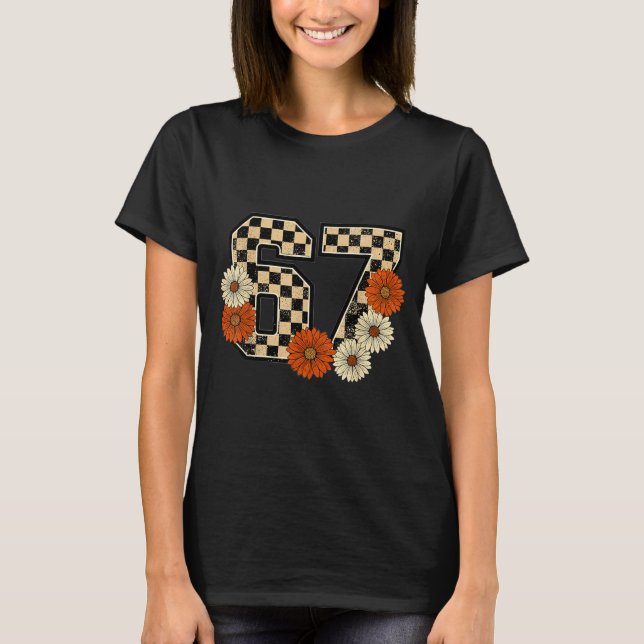 6 7 Retro Fall Meme Checkerboard Tee Haunted By 67 (Front)