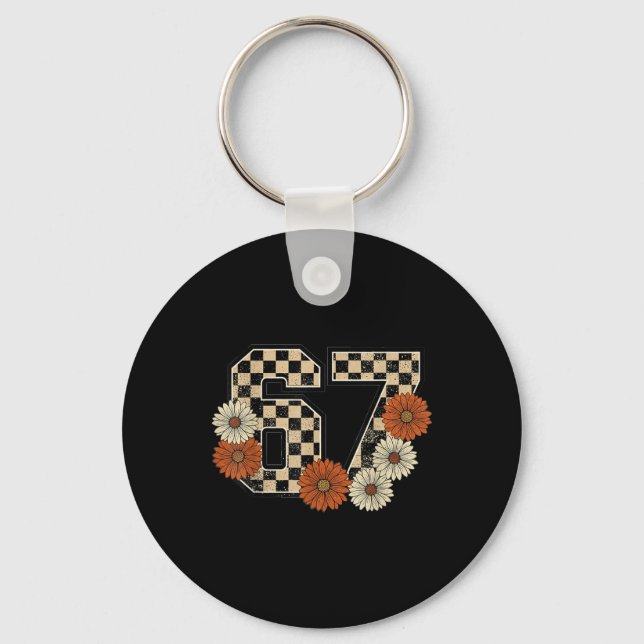 6 7 Retro Fall Meme Checkerboard Tee Haunted  Keychain (Front)