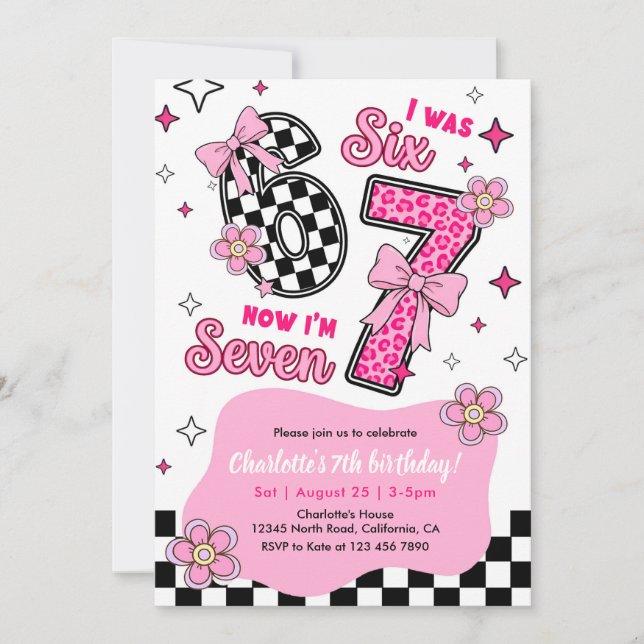 6 7 Six Seven Meme Trend Pink Girls 7th Birthday Invitation (Front)