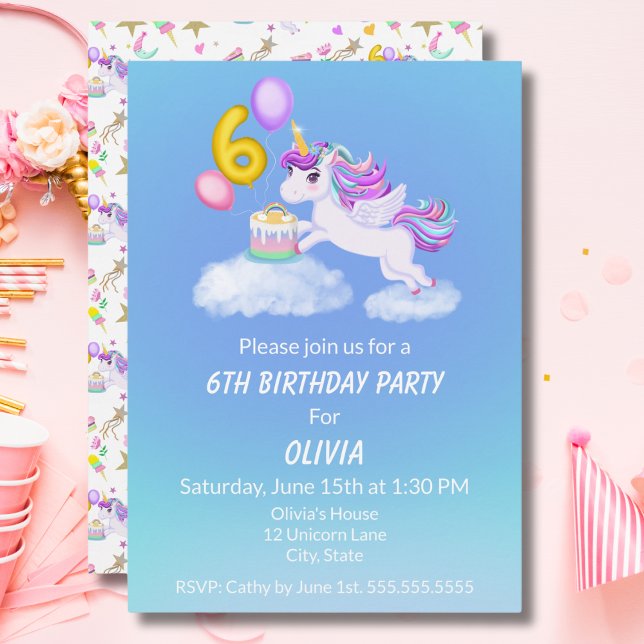 6 Anniversaire Unicorne avec invitation de gâteau (Créateur téléchargé)