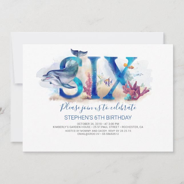 6 Birthday Invitation Deep Blue Under the Sea Life (Front)