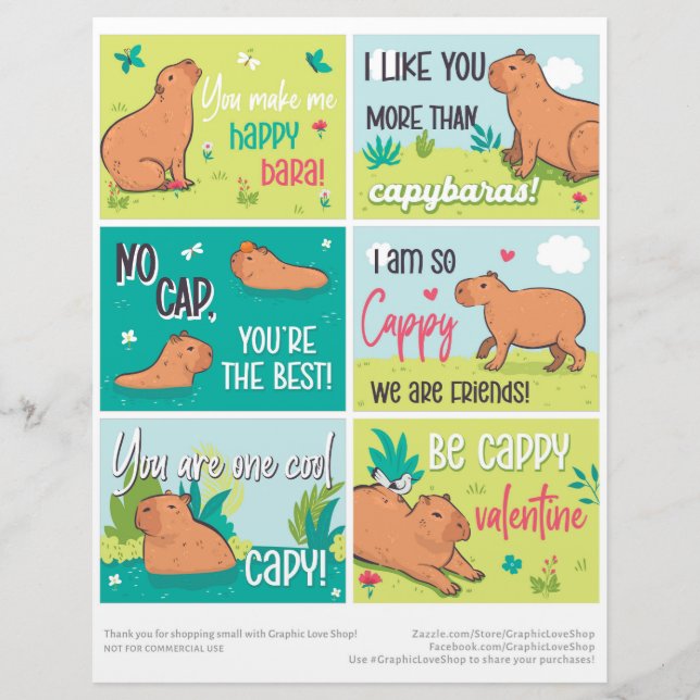 6 Capybara Kids Classroom Valentine's Day Cards (Front)