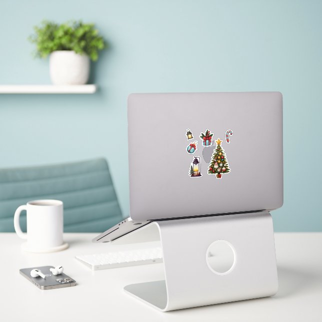 6 Christmas Holiday Stickers (Laptop On Desk)