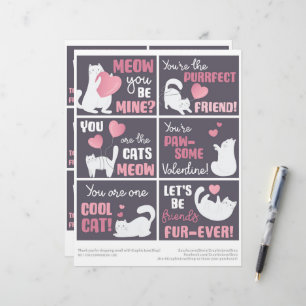 6 Cute Cat Kids Classroom Valentines Day Cards