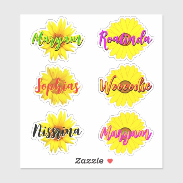 6 Cute Yellow Sunflowers & Handwritten Name (Sheet)