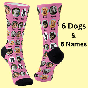 6 Dogs, 6 Names, Dog Photo - Personalized Pink Socks