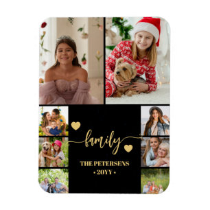 6 family photo collage black gold script magnet