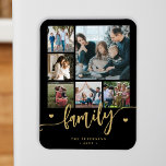 6 family photo collage black gold script magnet<br><div class="desc">Elegant modern family handwritten calligraphy script with six custom photos black gold keepsake photo magnet template. Please note that the background colour is changeable. You can replace the black with any other colour after selecting CUSTOMIZE option.</div>