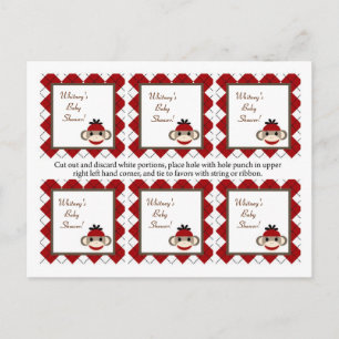 6 Favour Tags Red Sock Monkey Argyle Invitation Postcard