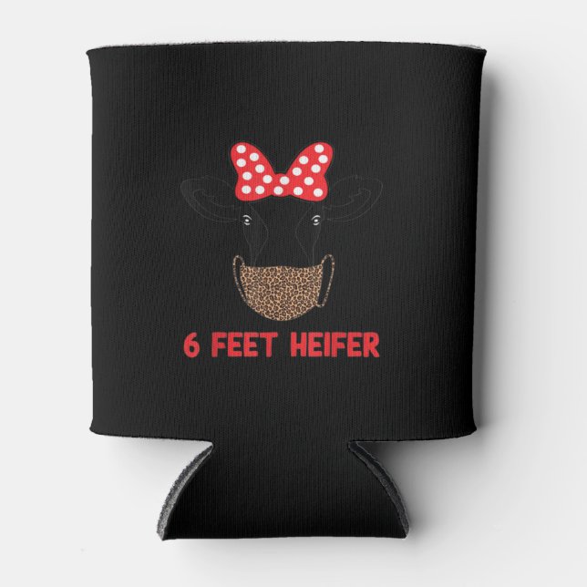 6 Feet Heifer Cow Wearing Mask Leopard Print Can Cooler (Front)