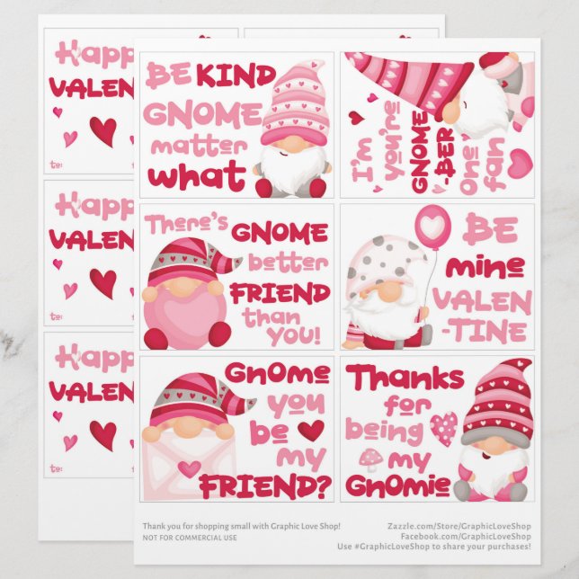 6 Gnome Kids Classroom Valentine's Day Cards (Front/Back)
