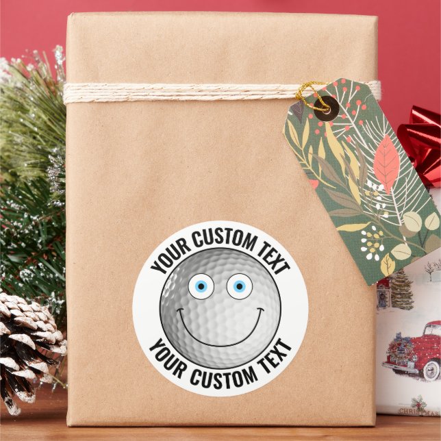 6 Golf Ball Personalized Text Custom Happy Face 3" Classic Round Sticker (Holiday)