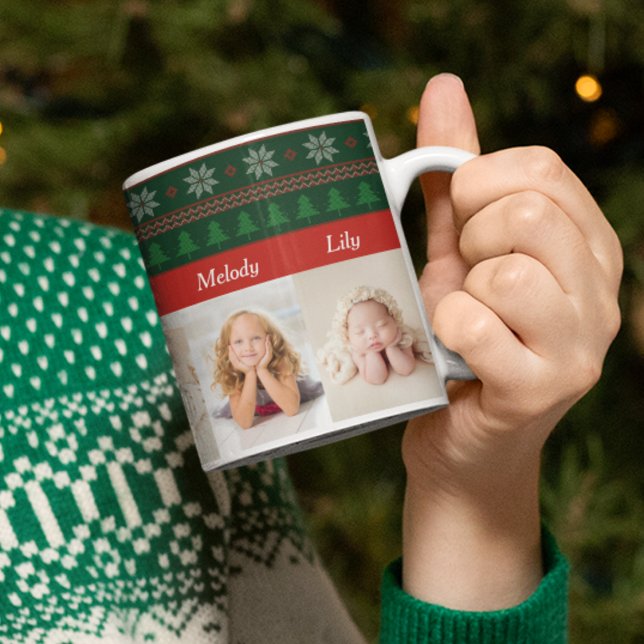 6 Grandchildren Photo Red Green Christmas Tree Coffee Mug (Creator Uploaded)