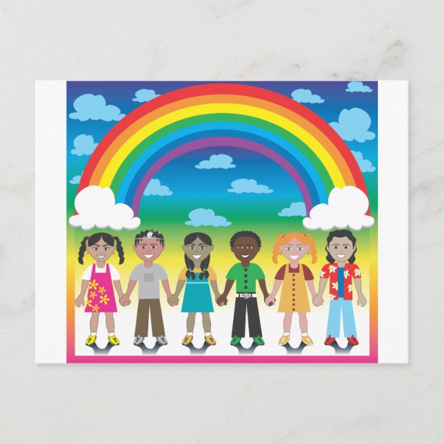6 happy kids under a rainbow with a colourful back postcard (Front)