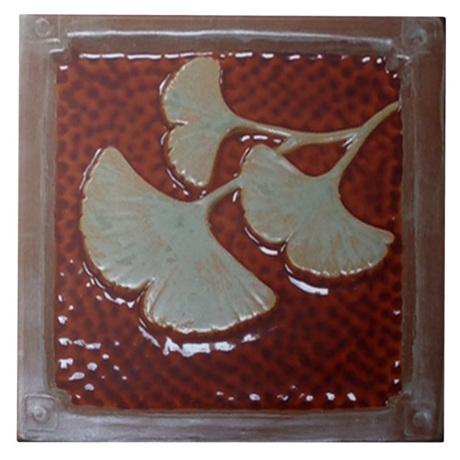  6 inch ceramic tile with Green Gingko leaf (Front)