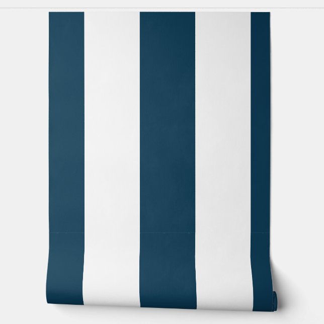 6 Inch Vertical Stripes Navy Blue and White Wallpaper (Unrolling)