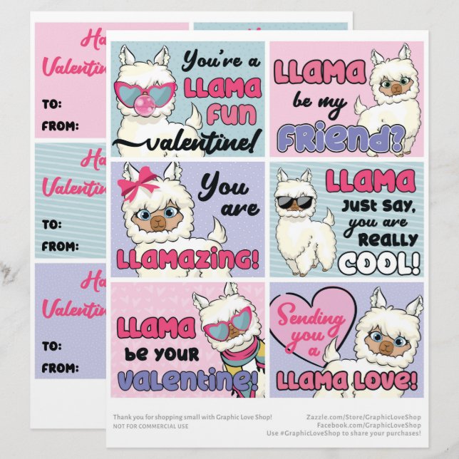6 Llama Kids Classroom Valentines Day Cards (Front/Back)