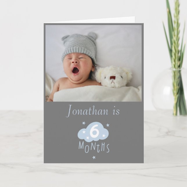 6 months old grey baby photo with cloud & stars card (Front)