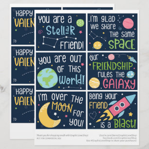 6 Outer Space Kids Classroom Valentine's Day Cards
