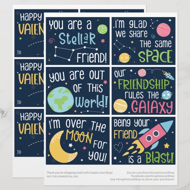 6 Outer Space Kids Classroom Valentine's Day Cards (Front/Back)