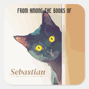 6 Personalized Bookplate/Nameplate with Cat Motif Square Sticker