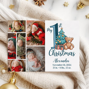 6 Photo Blue Teddy Baby 1st Christmas Holiday Card