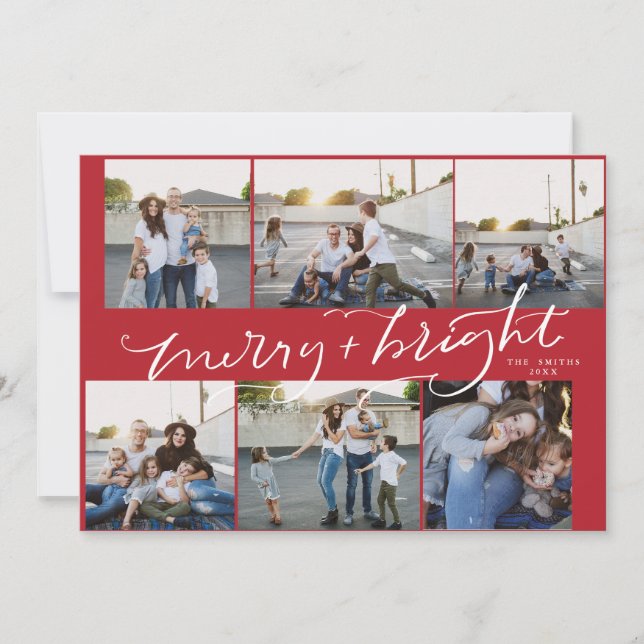 6-Photo Christmas Card Merry Bright Red (Front)