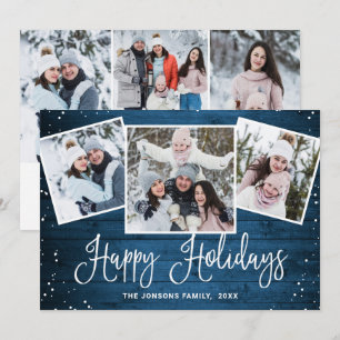 6 PHOTO Christmas Rustic Blue Wood Greeting Holiday Card